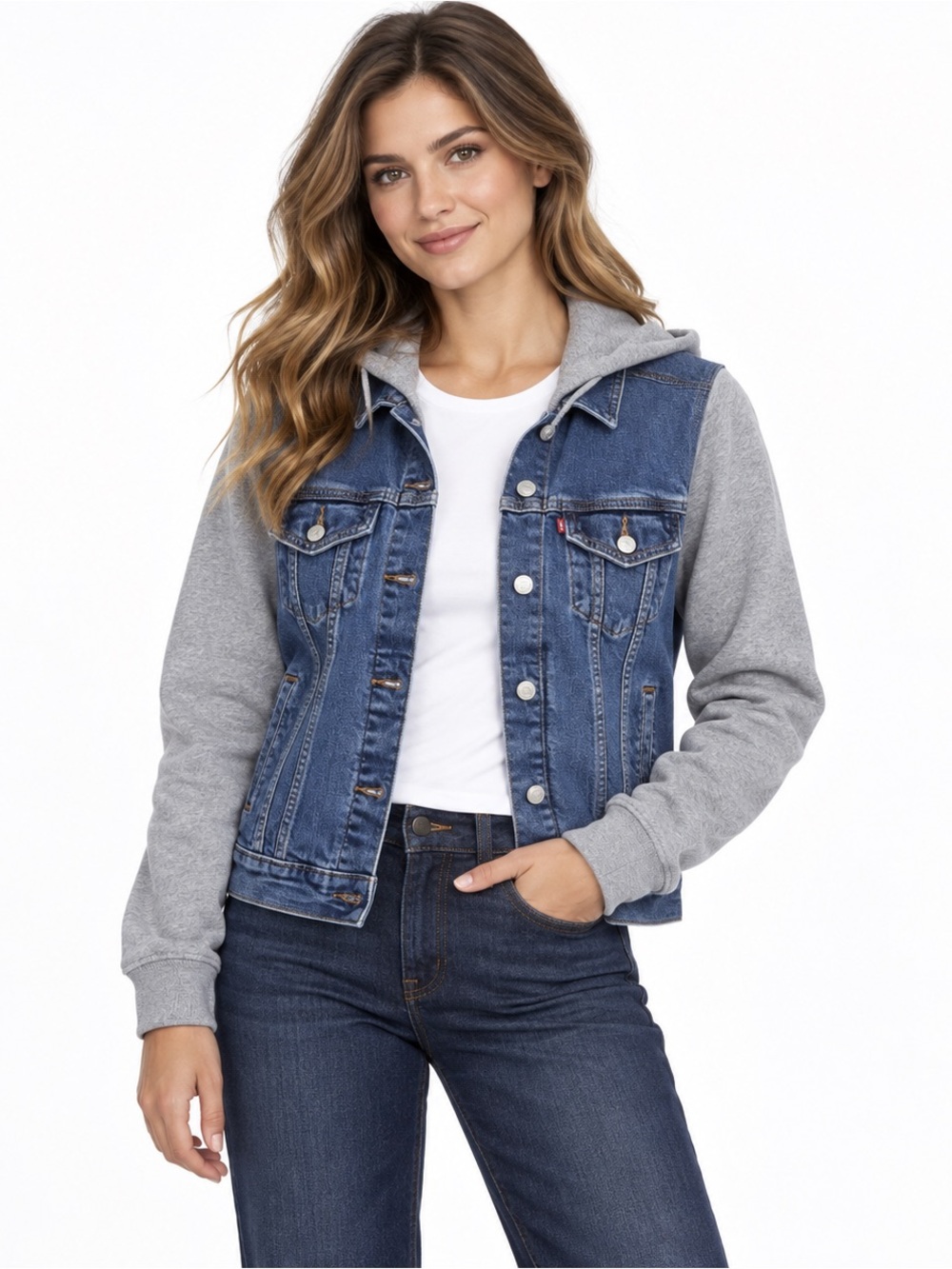 Levi's Blue Denim Jacket with Gray Hoodie Sleeves